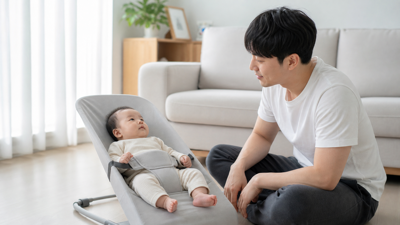 거실 바닥 위에 놓인 아기 바운서 옆에서 보호자가 아기를 살피는 모습