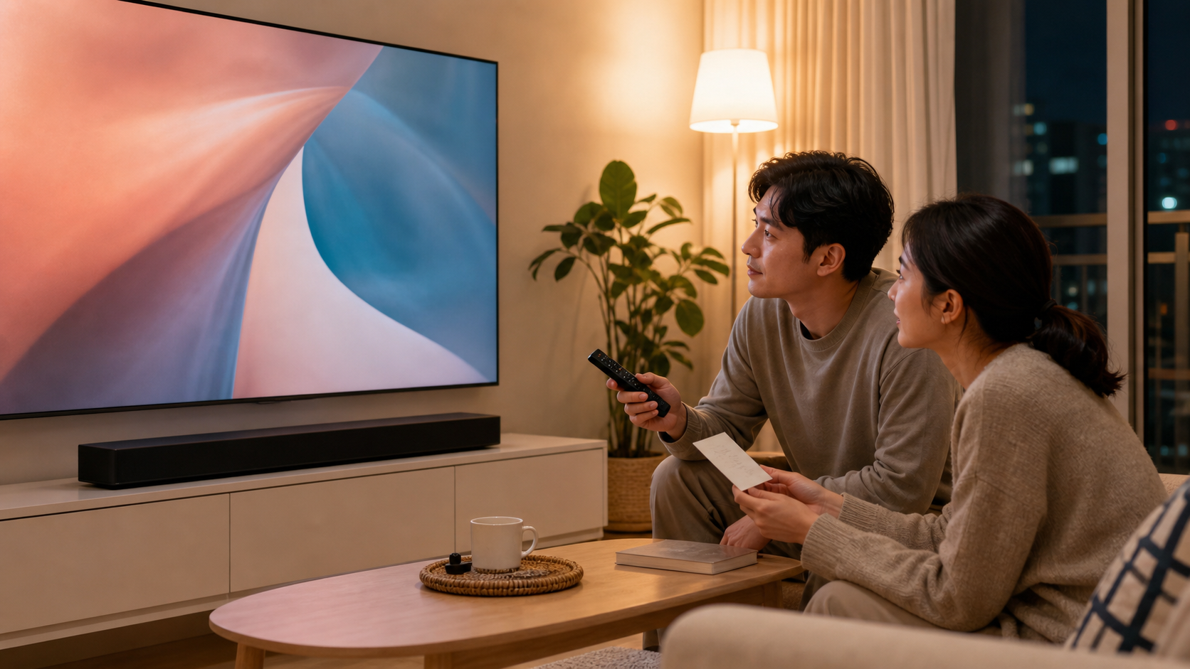 거실 TV와 사운드바 앞에서 음향 출력 설정을 확인하는 모습