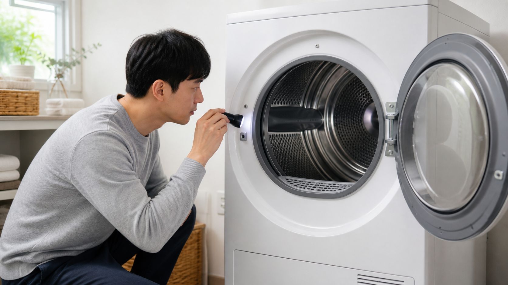 건조기 문을 열고 스테인리스 드럼 안쪽 표면을 손전등으로 살피는 모습