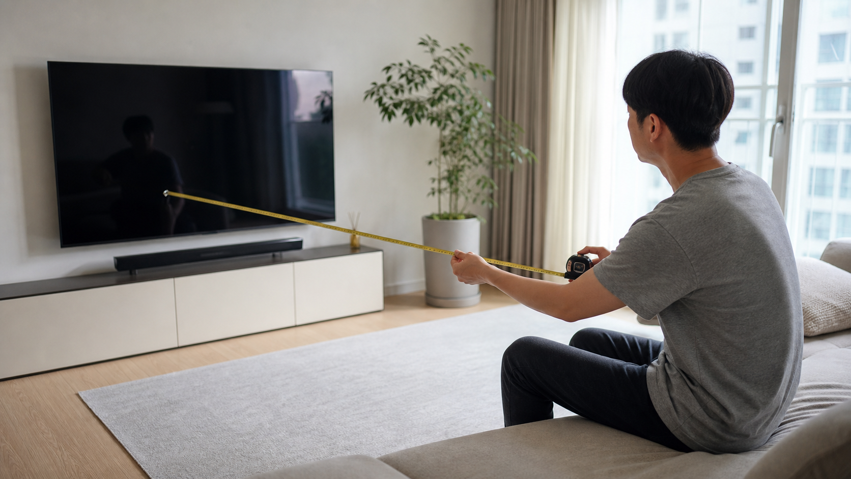 거실 소파에서 TV 벽면까지의 시청 거리를 줄자로 재는 모습