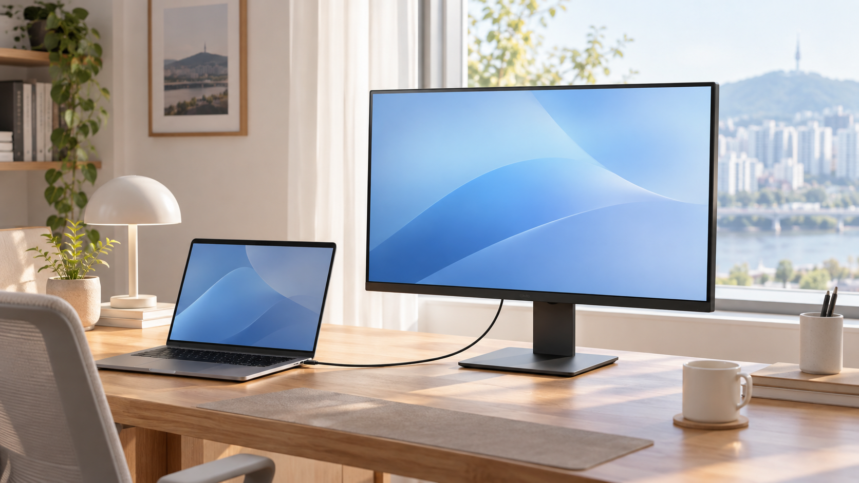 밝은 홈오피스 책상에서 노트북과 무브랜드 모니터를 USB-C 케이블 하나로 연결한 모습