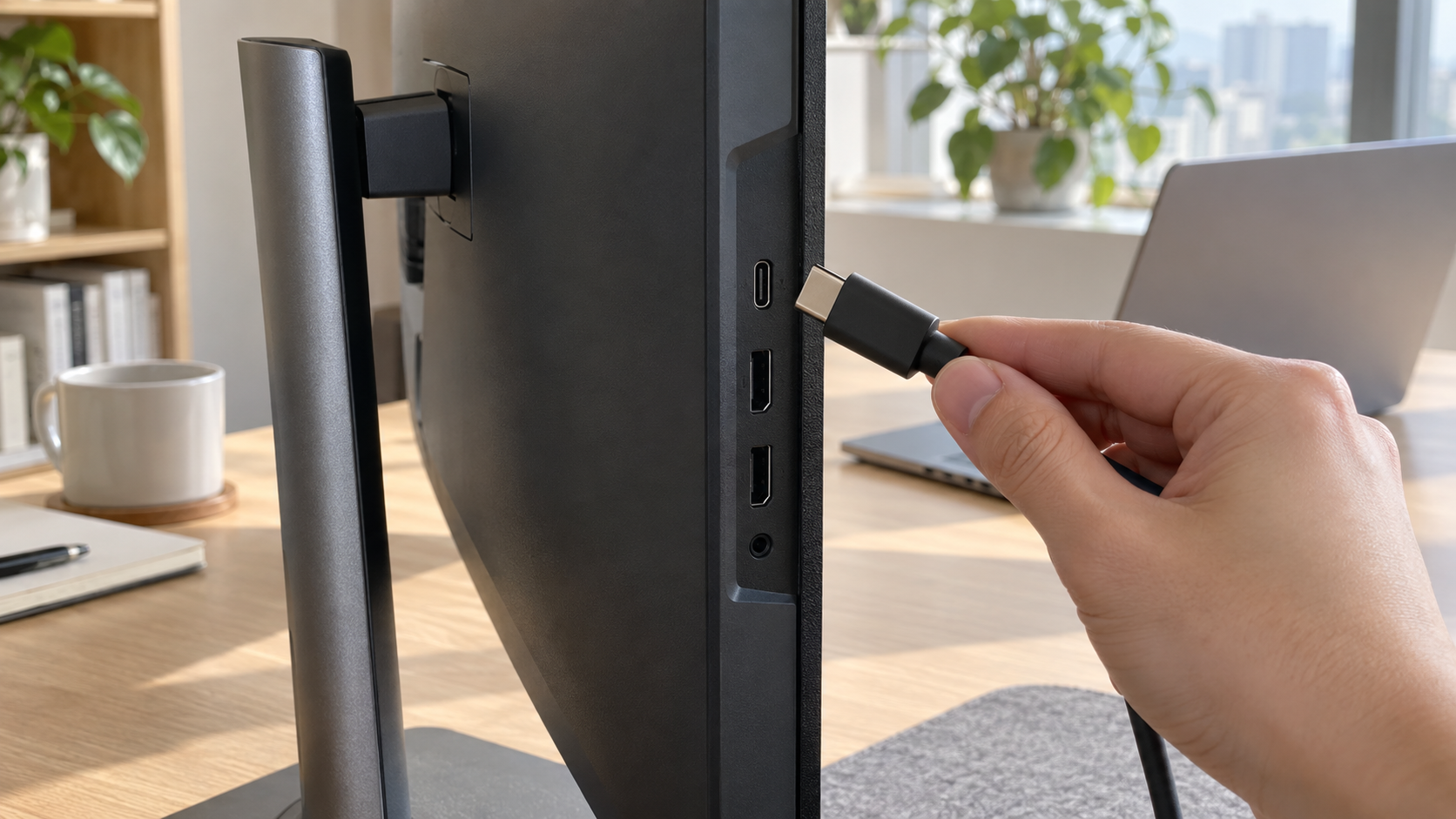 무브랜드 모니터 측면의 USB-C 포트 앞에서 케이블을 들고 연결 위치를 확인하는 손