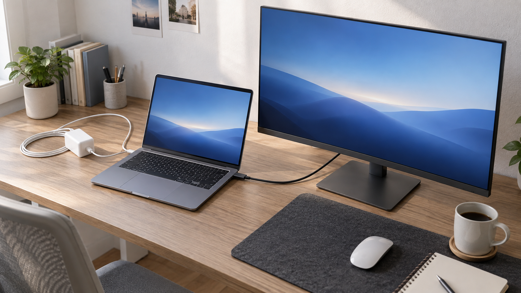 노트북과 무브랜드 모니터를 USB-C 케이블로 연결하고 노트북 전원 어댑터를 옆에 둔 정돈된 책상