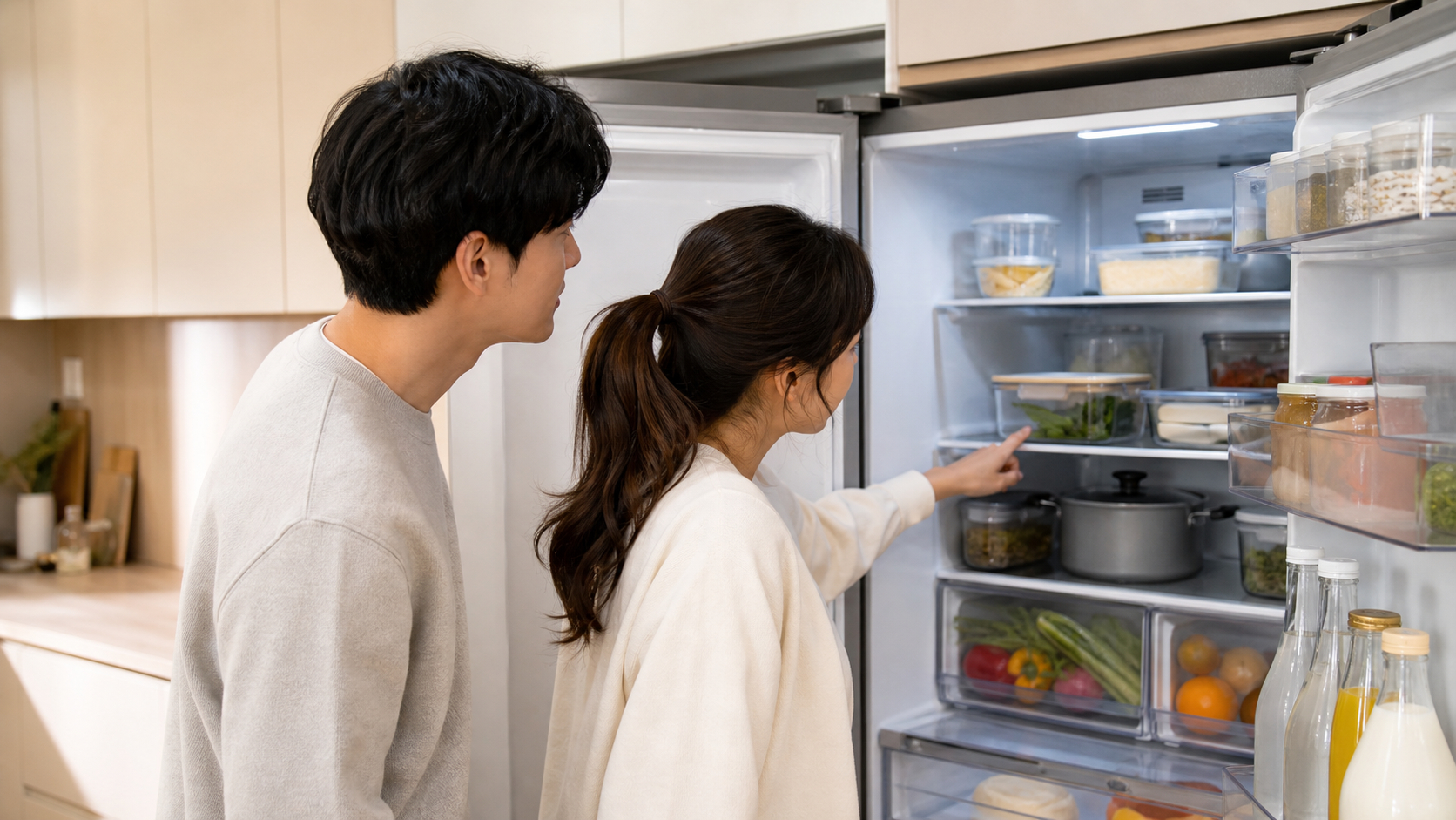 주방에서 냉장고 수납칸과 식재료 보관 공간을 살피는 부부의 모습