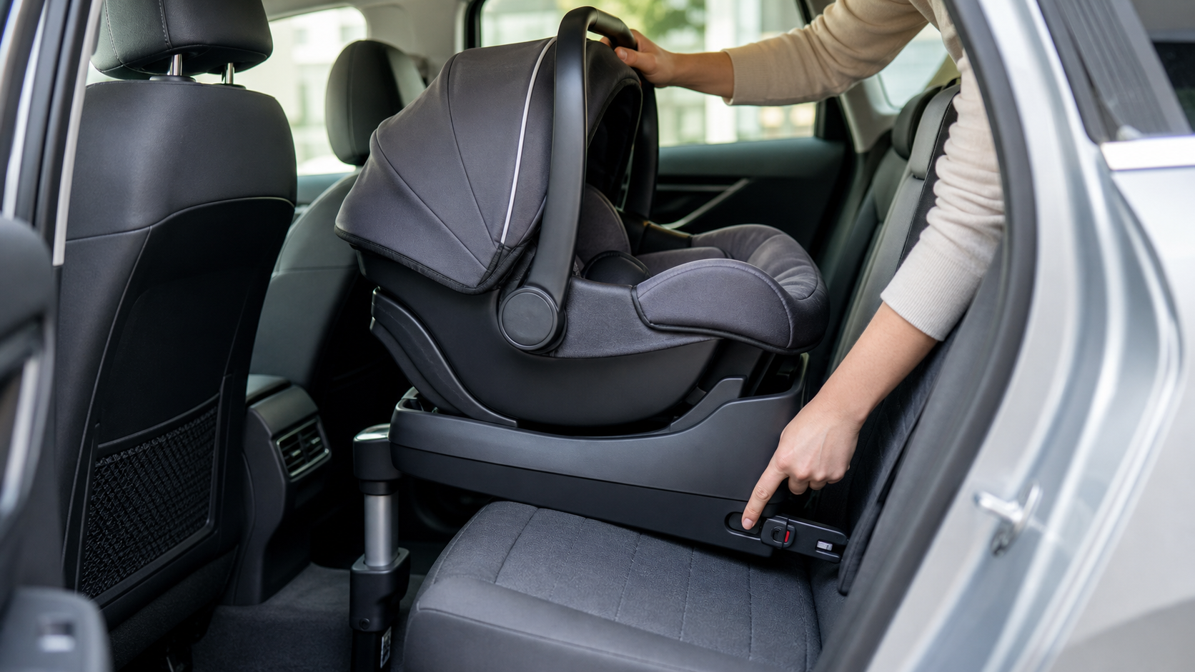 차 안에서 ISOFIX 카시트 베이스와 바구니 카시트를 확인하는 모습