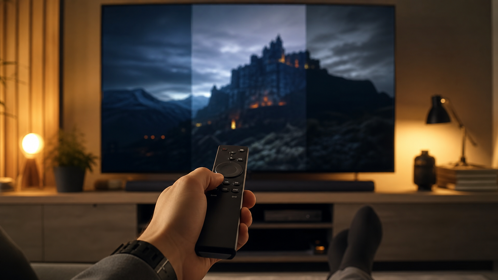 리모컨으로 TV 화면 모드를 비교하는 장면
