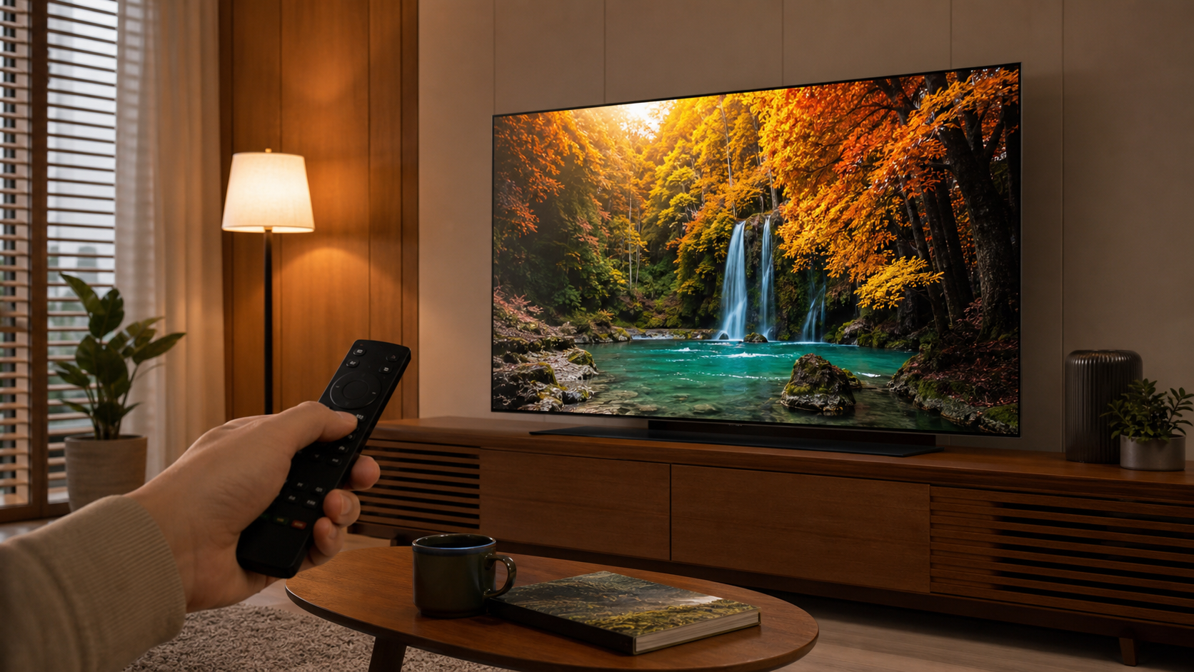 거실의 OLED TV에서 보호 기능과 전원 메뉴를 확인하는 보호자의 손
