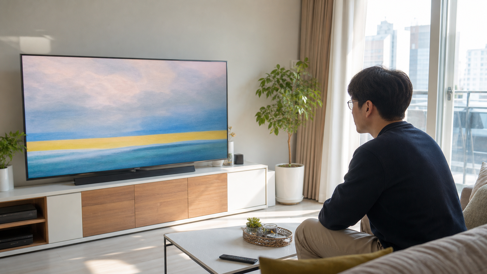창가가 있는 거실에서 TV 화면 밝기와 반사를 확인하는 모습