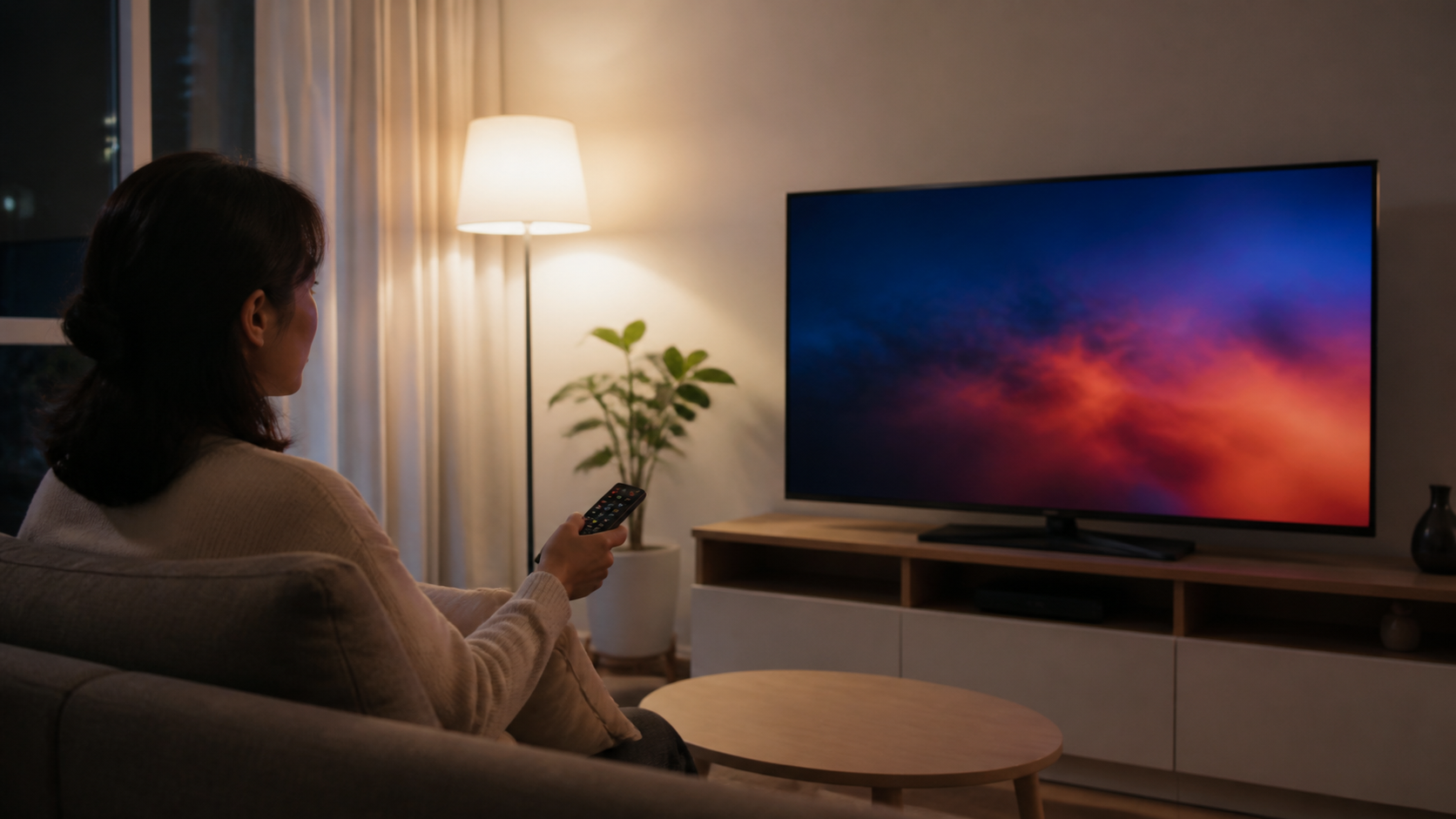 저녁 거실에서 TV 화면 모드와 주변 조명을 조절하는 모습