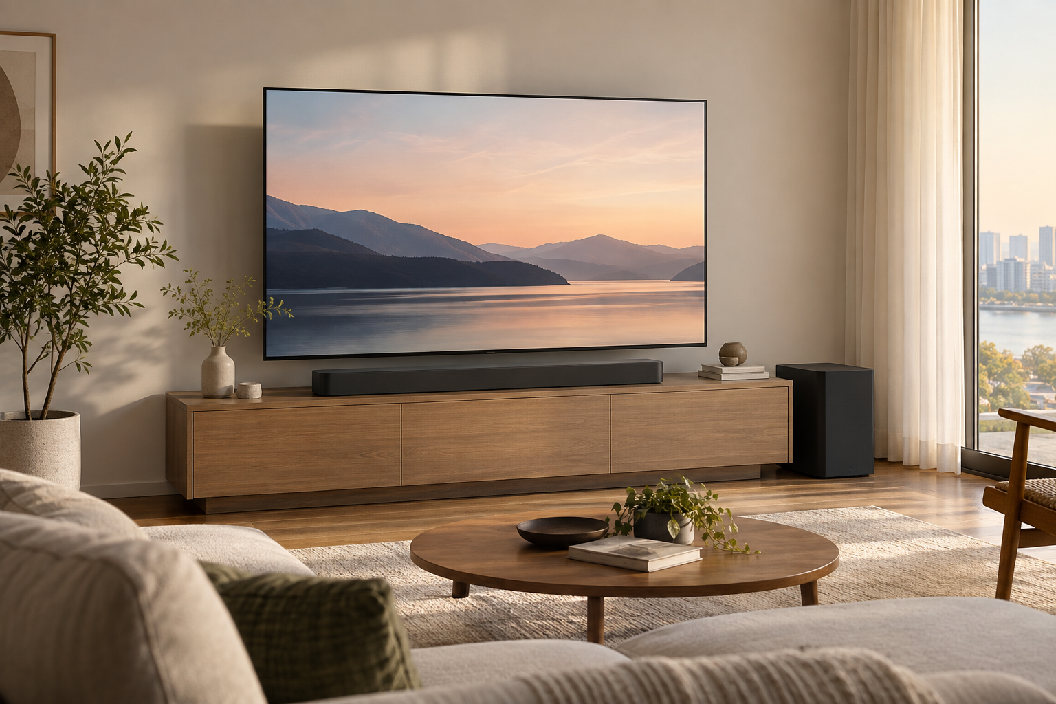 TV 아래 사운드바와 옆에 놓인 별도 서브우퍼로 구성된 무브랜드 거실 오디오 환경