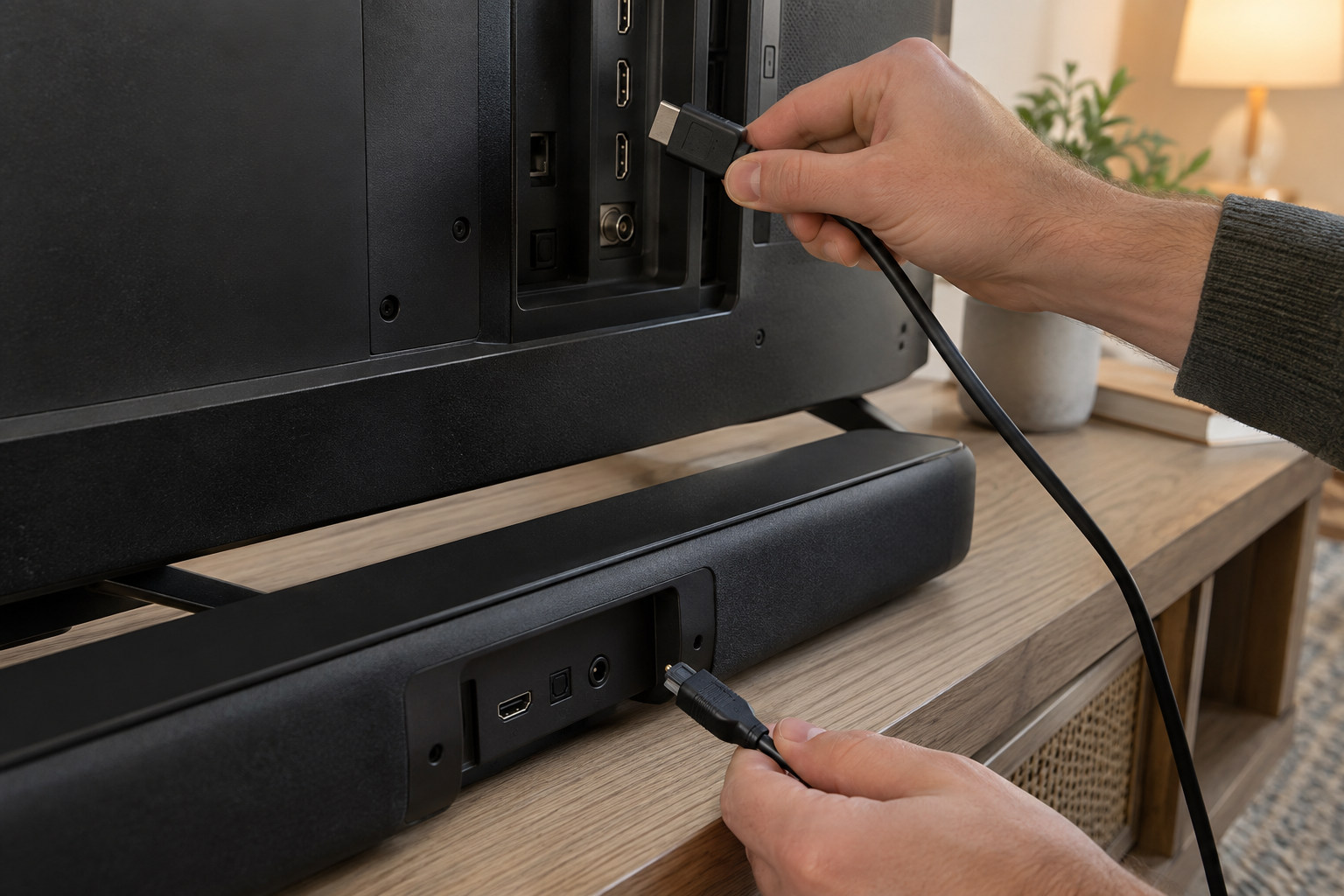 TV와 무브랜드 사운드바의 HDMI 연결 단자에 케이블을 연결하는 손