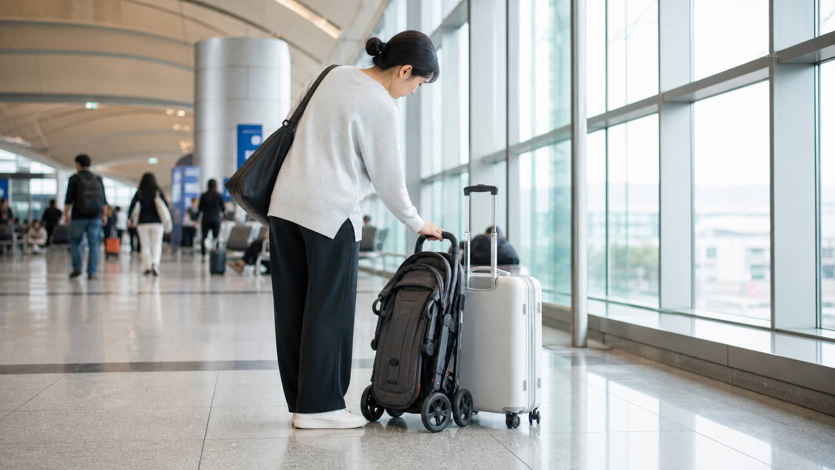공항 출발장 바닥에 접어 둔 휴대용 유모차와 작은 여행 가방
