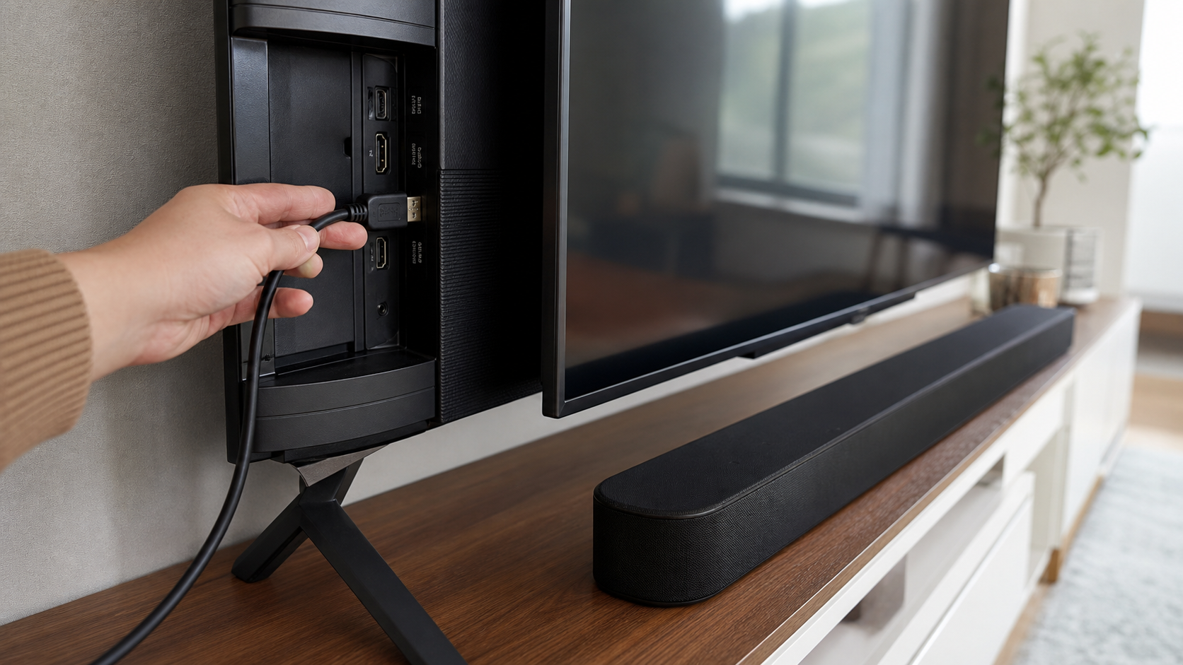 거실 TV와 사운드바 뒤쪽 HDMI 연결을 확인하는 모습
