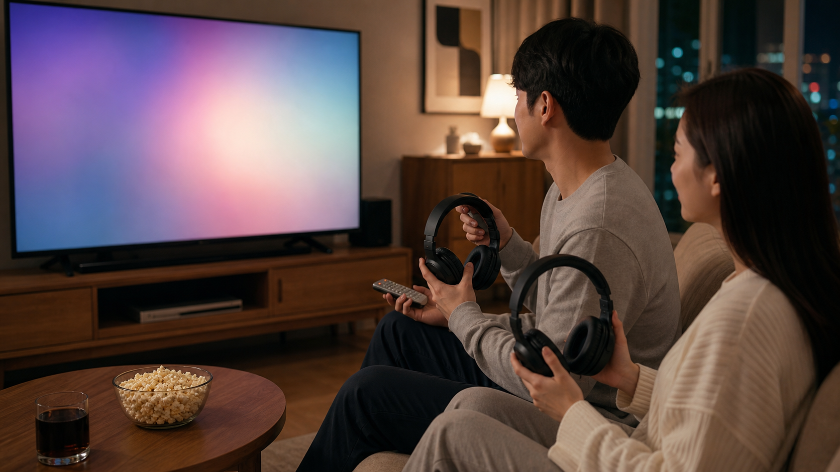 거실 TV 앞에서 두 개의 블루투스 헤드폰과 리모컨을 확인하는 모습