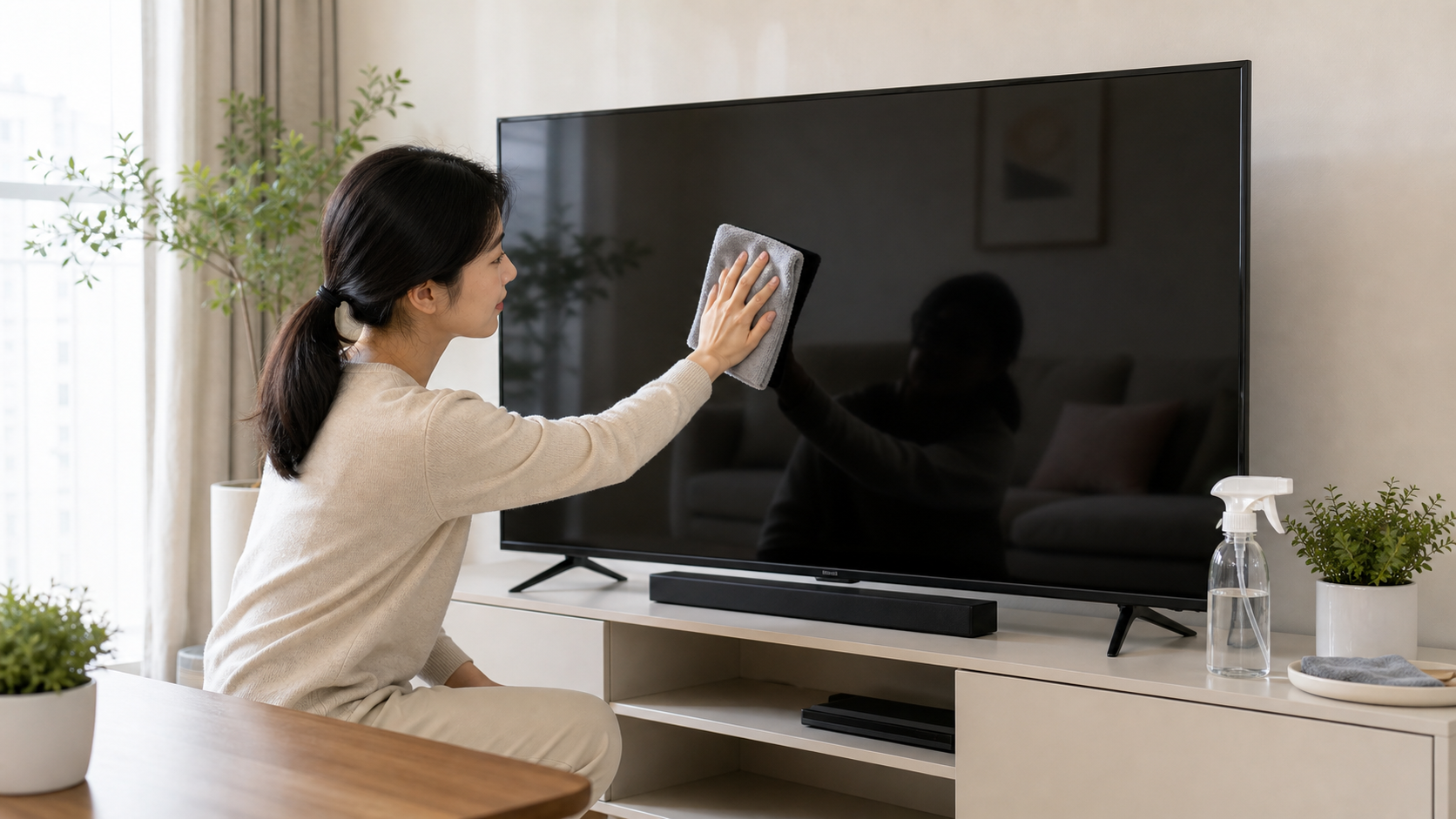 거실 TV 화면을 극세사 천으로 닦는 모습